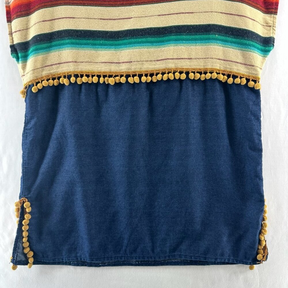 Silverado Southwestern Top Womens XS Boho Piper Pom Pom Trim Serape Striped Blue - Picture 4 of 9